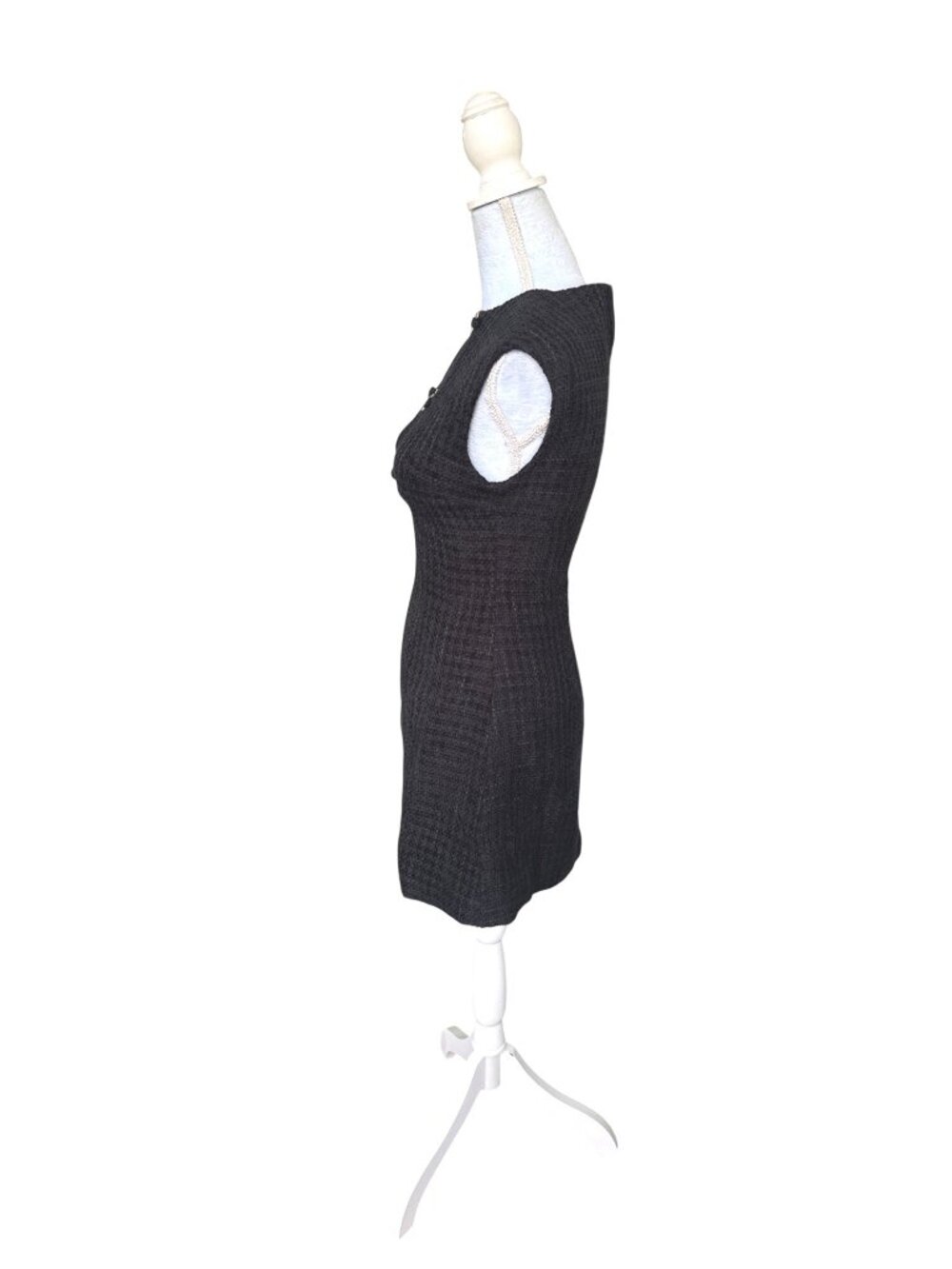 Commense Textured Sleeveless Black Mini Dress Gold Detail XS Chic - Picture 3 of 7
